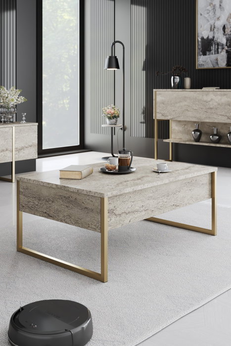 Hanah Home Juego Muebles Sala Travertino y Oro Melamina y Metal